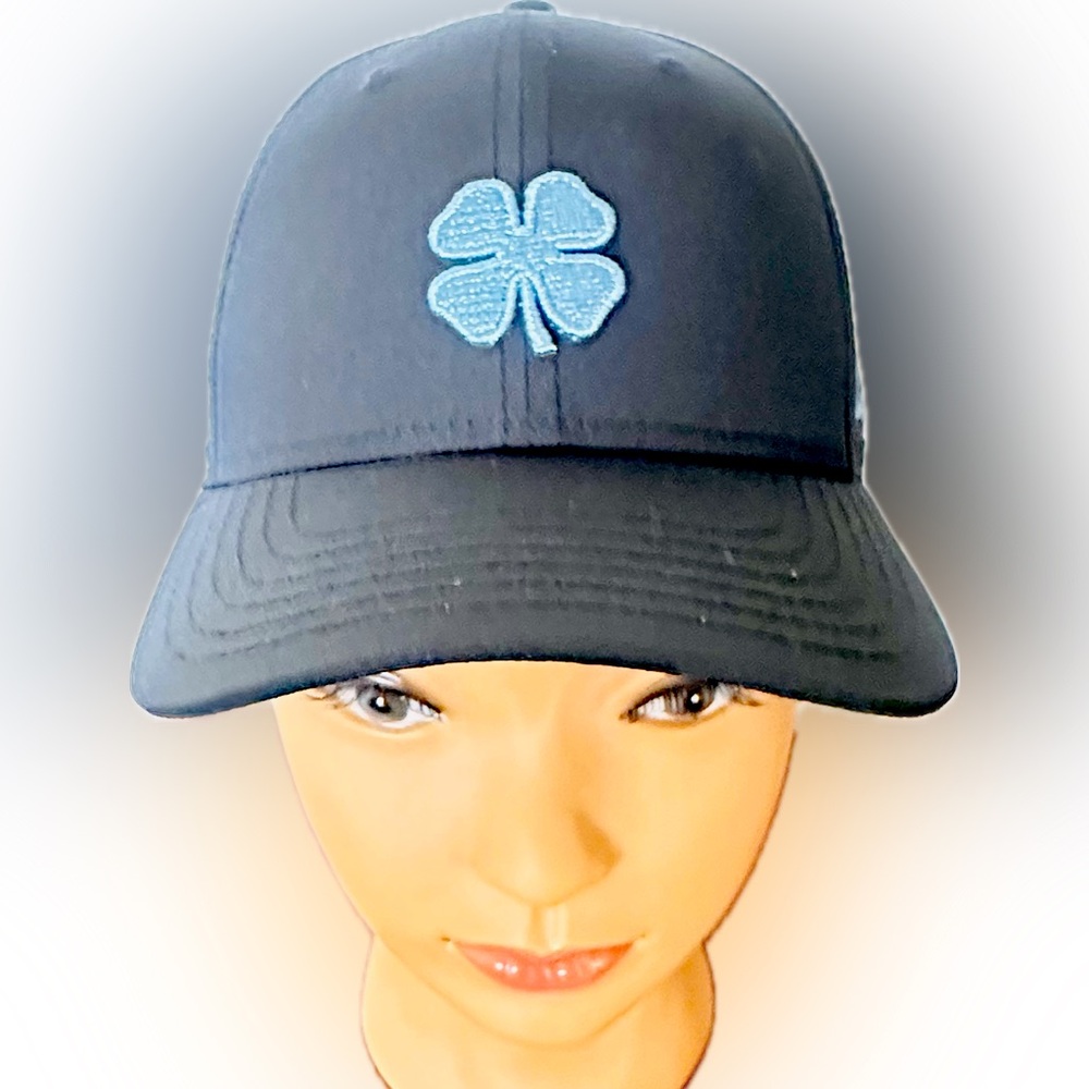 Women's Black Hollywood 9 Hat with a Metallic Blue Embroidered Clover Design NWT